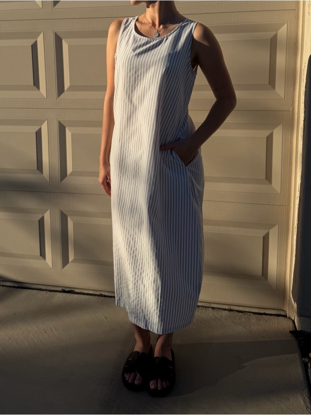 Striped Sleeveless Midi Dress in Light Blue and White